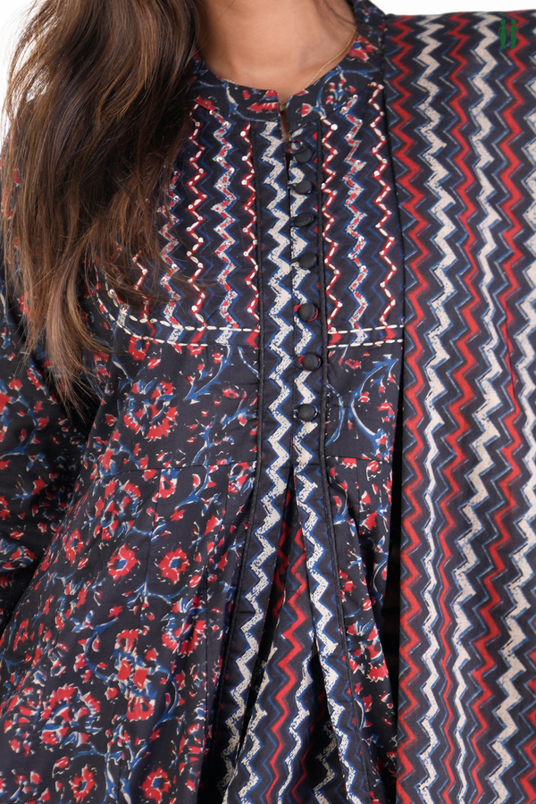 Chinese Neck Floral Printed Design Black Cotton Long Kurta