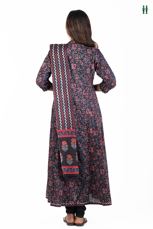 Chinese Neck Floral Printed Design Black Cotton Long Kurta