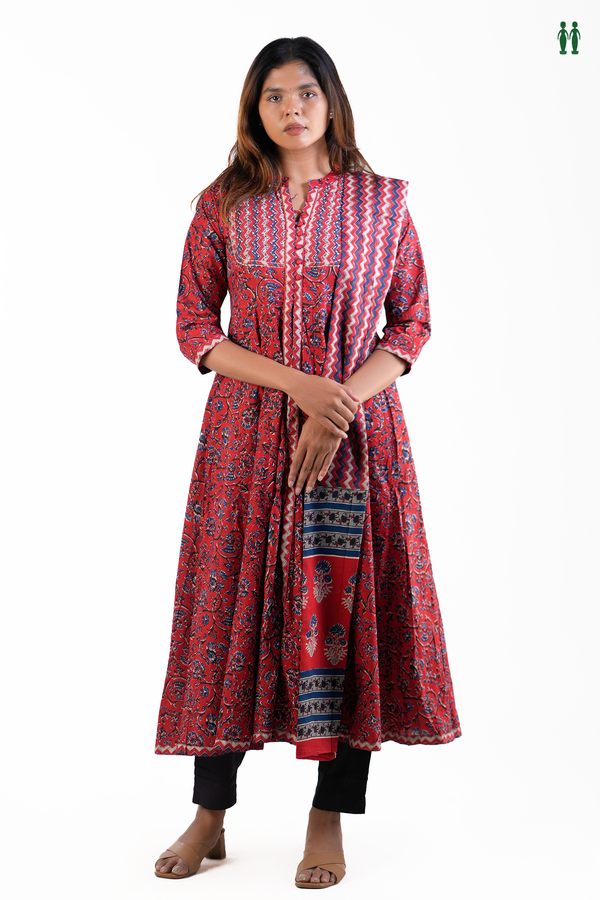 Chinese Neck Floral Printed Design Red Cotton Long Kurta