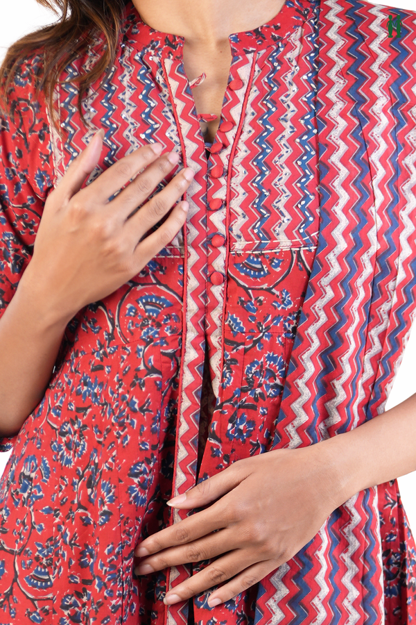 Chinese Neck Floral Printed Design Red Cotton Long Kurta