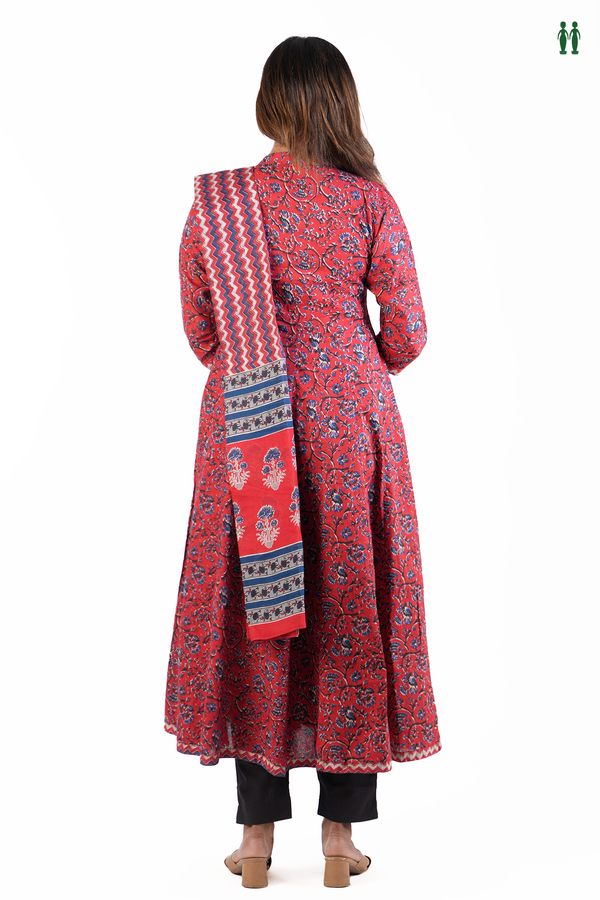 Chinese Neck Floral Printed Design Red Cotton Long Kurta