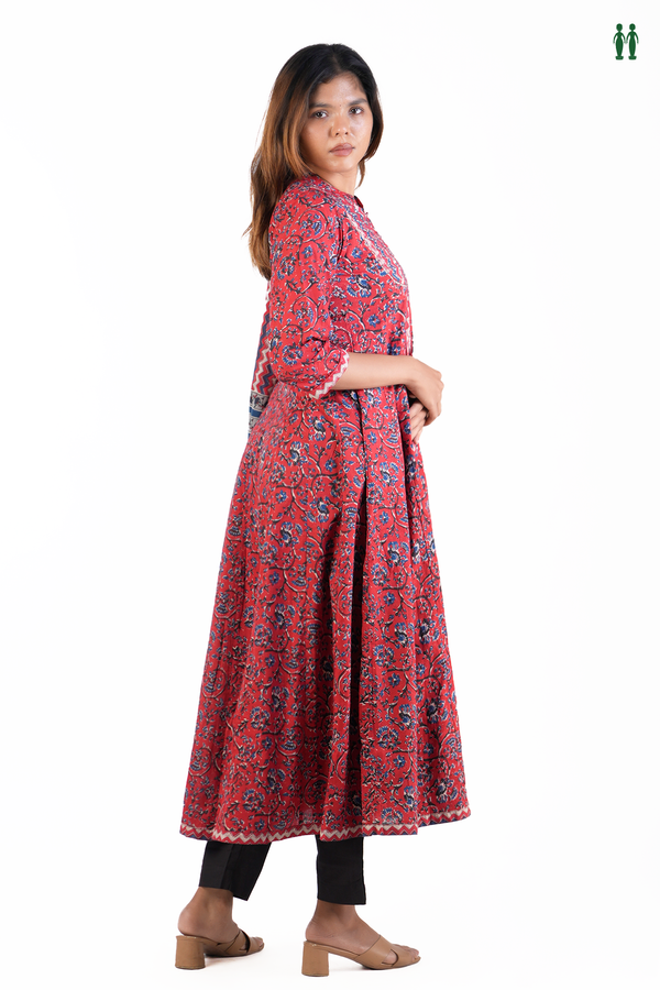Chinese Neck Floral Printed Design Red Cotton Long Kurta