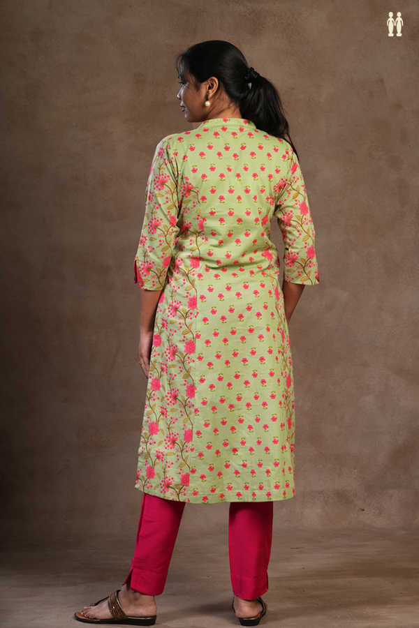 Chinese Neck Floral Printed Green Jaipur Cotton Long Kurta