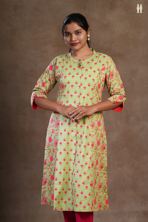 Chinese Neck Floral Printed Green Jaipur Cotton Long Kurta
