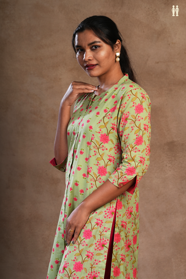 Chinese Neck Floral Printed Green Jaipur Cotton Long Kurta