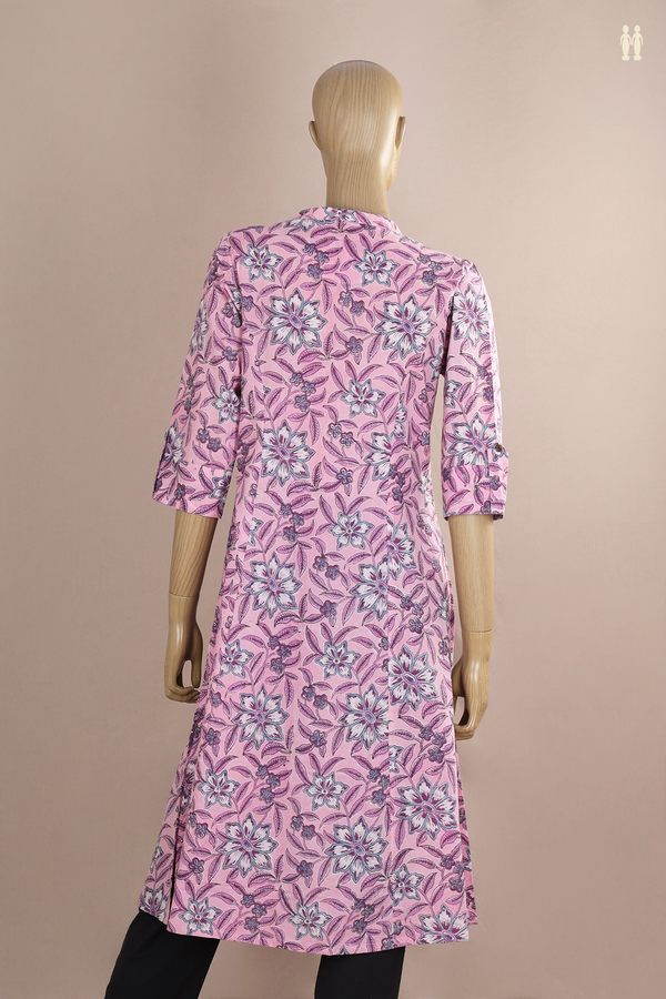 Chinese Neck Floral Printed Pink Cotton Long Kurta