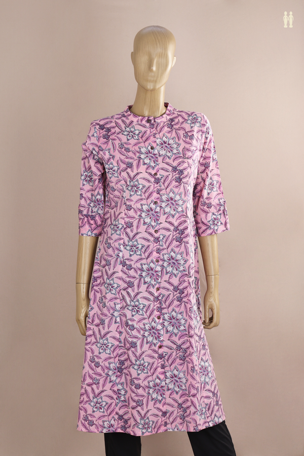 Chinese Neck Floral Printed Pink Cotton Long Kurta
