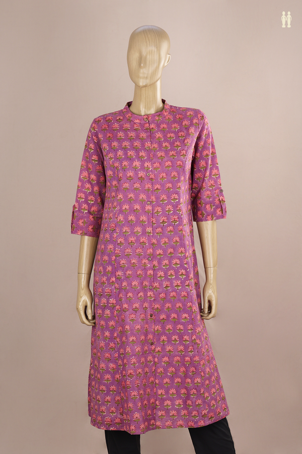 Chinese Neck Floral Printed Purple Cotton Long Kurta