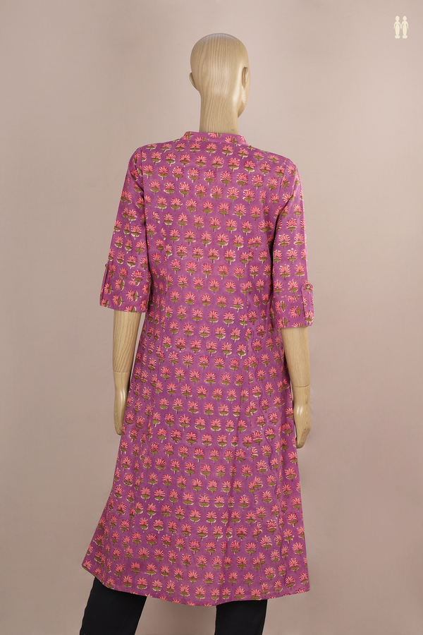 Chinese Neck Floral Printed Purple Cotton Long Kurta