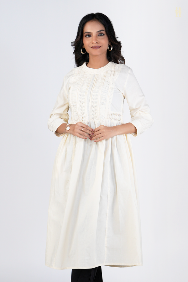 Chinese Neck Plain Beige Cotton Long Kurta