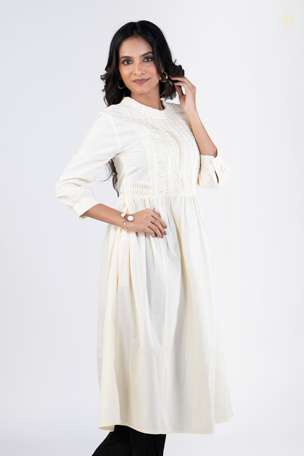 Chinese Neck Plain Beige Cotton Long Kurta