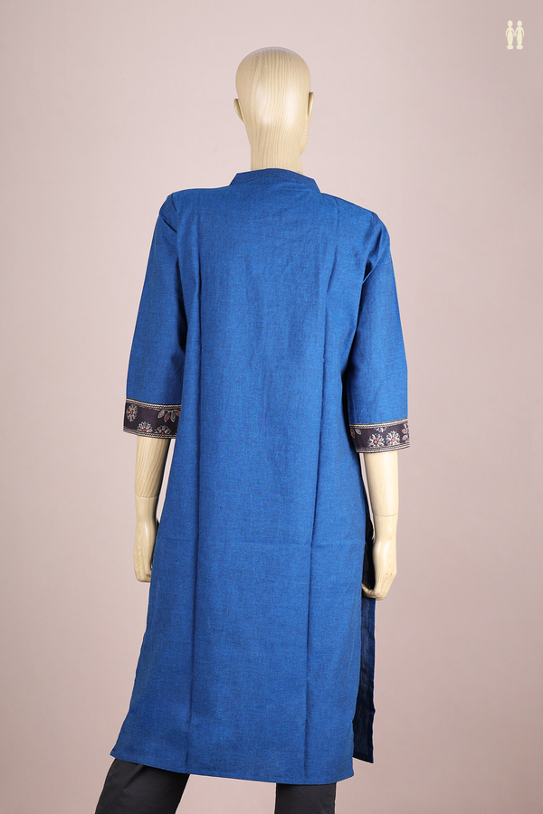 Chinese Neck Plain Blue Cotton Long Kurta