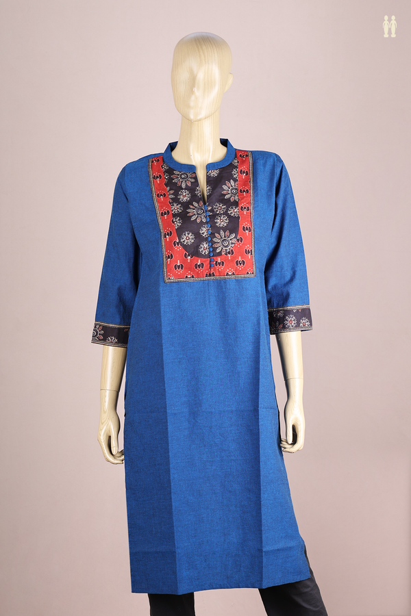 Chinese Neck Plain Blue Cotton Long Kurta