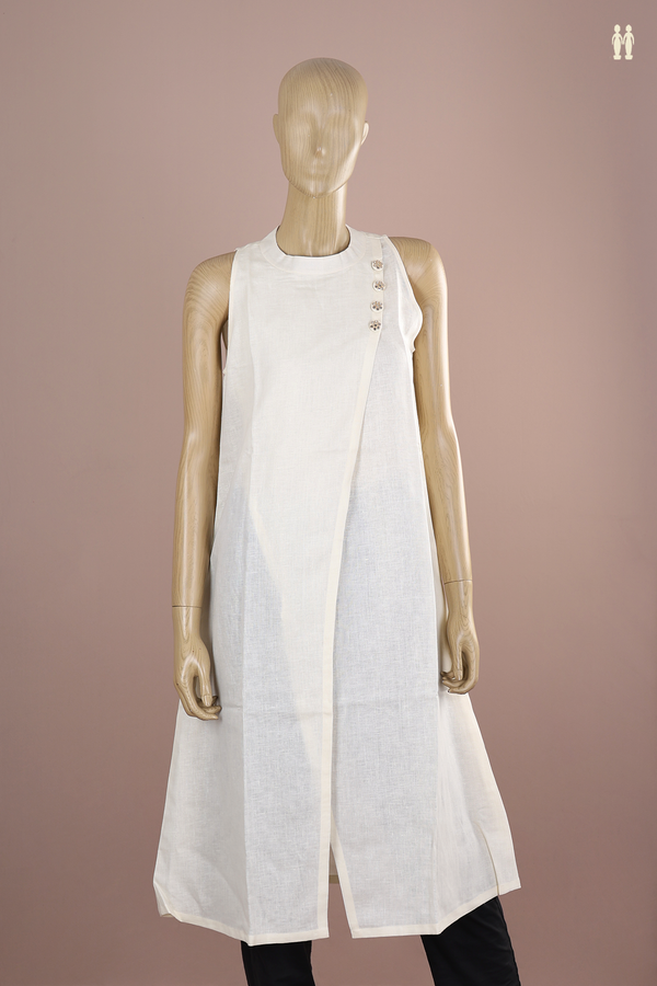 Chinese Neck Plain Egg White Linen Long Kurta