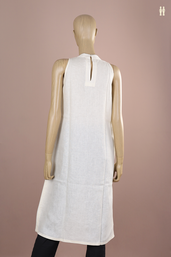 Chinese Neck Plain Egg White Linen Long Kurta