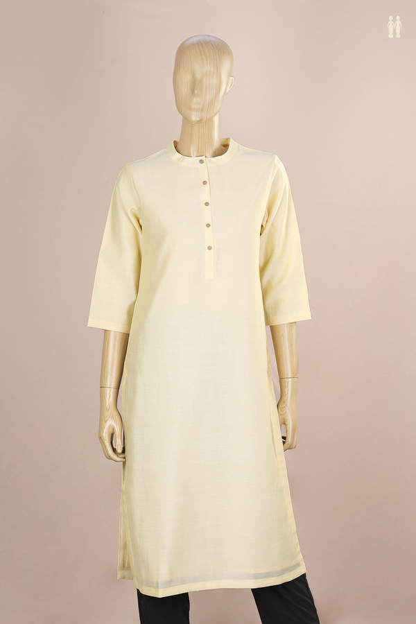 Chinese Neck Plain Light Yellow Silk Cotton Long Kurta