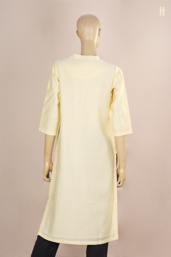 Chinese Neck Plain Light Yellow Silk Cotton Long Kurta
