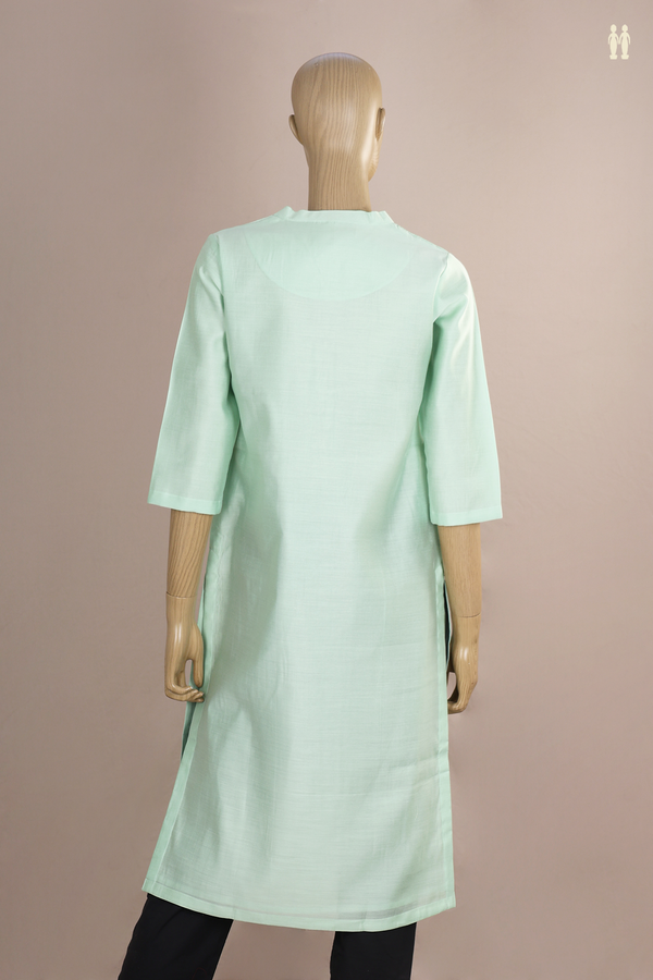 Chinese Neck Plain Mint Green Silk Cotton Long Kurta