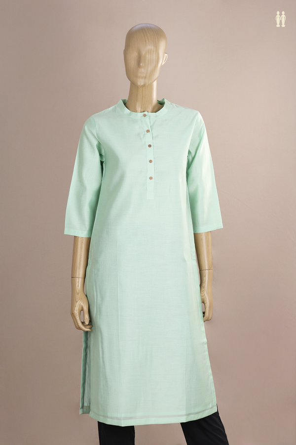 Chinese Neck Plain Mint Green Silk Cotton Long Kurta