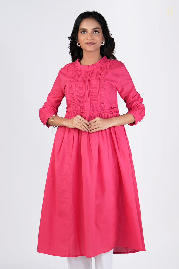 Chinese Neck Plain Pink Cotton Long Kurta