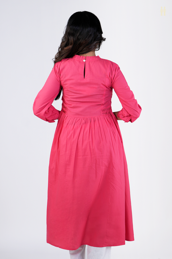 Chinese Neck Plain Pink Cotton Long Kurta