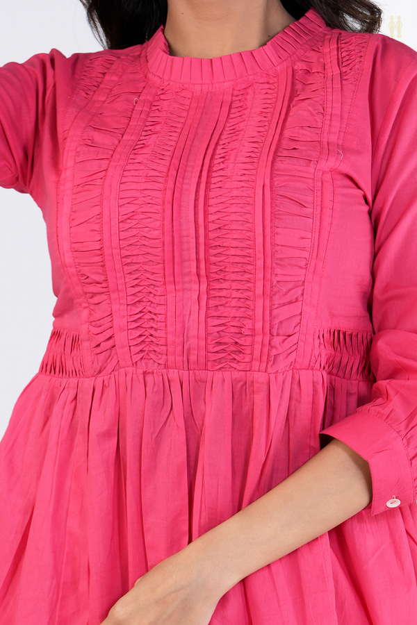 Chinese Neck Plain Pink Cotton Long Kurta