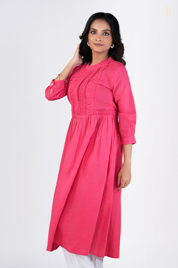 Chinese Neck Plain Pink Cotton Long Kurta