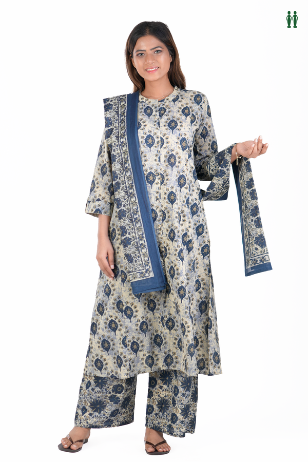 Chinese Neck Printed Design Beige Cotton Salwar Set