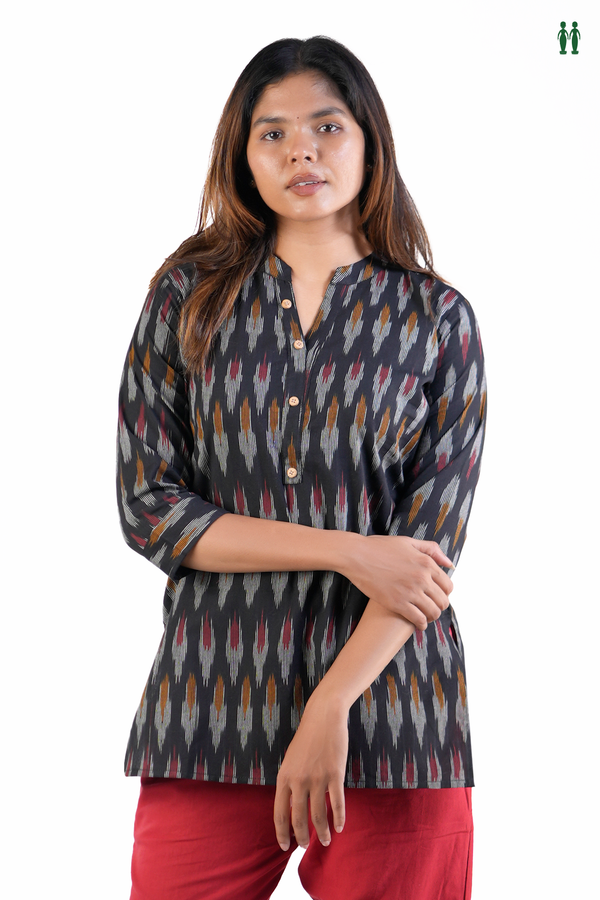 Chinese Neck Printed Design Black Cotton Short Top