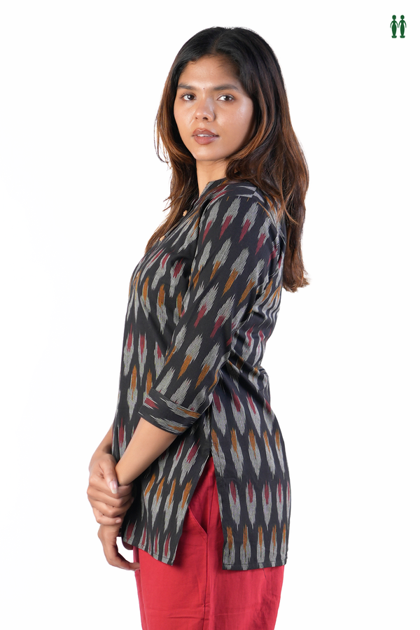 Chinese Neck Printed Design Black Cotton Short Top