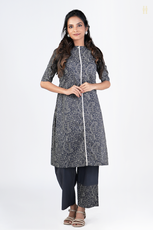 Chinese Neck Printed Design Charcoal Grey Cotton Salwar Set