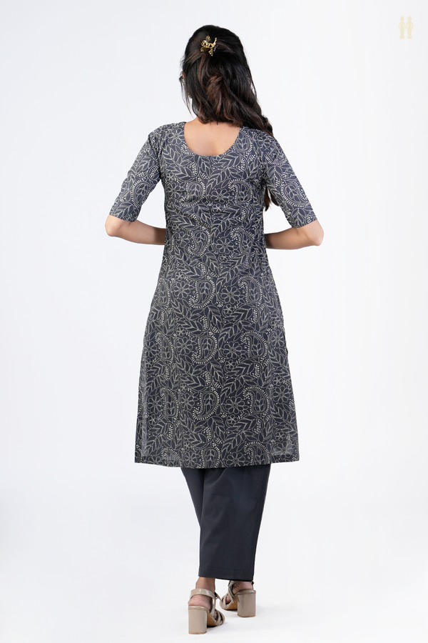Chinese Neck Printed Design Charcoal Grey Cotton Salwar Set
