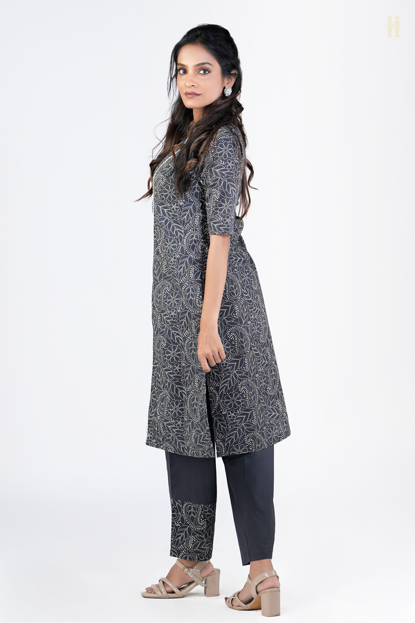 Chinese Neck Printed Design Charcoal Grey Cotton Salwar Set