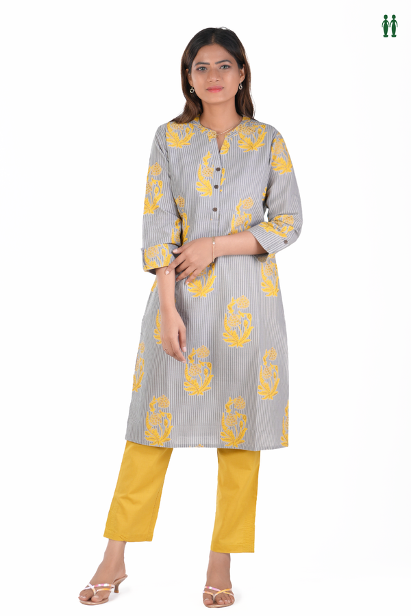 Chinese Neck Printed Design Grey Cotton Salwar Set
