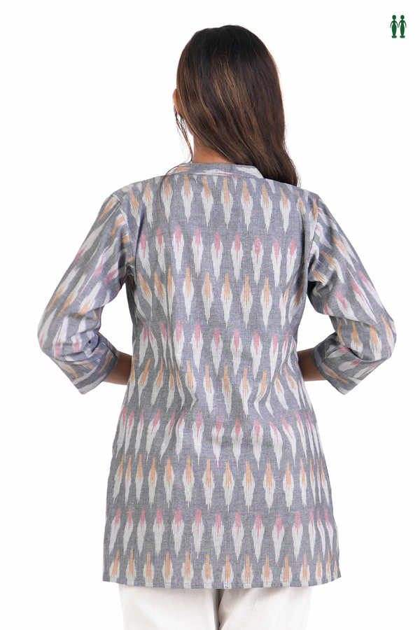 Chinese Neck Printed Design Grey Cotton Short Top