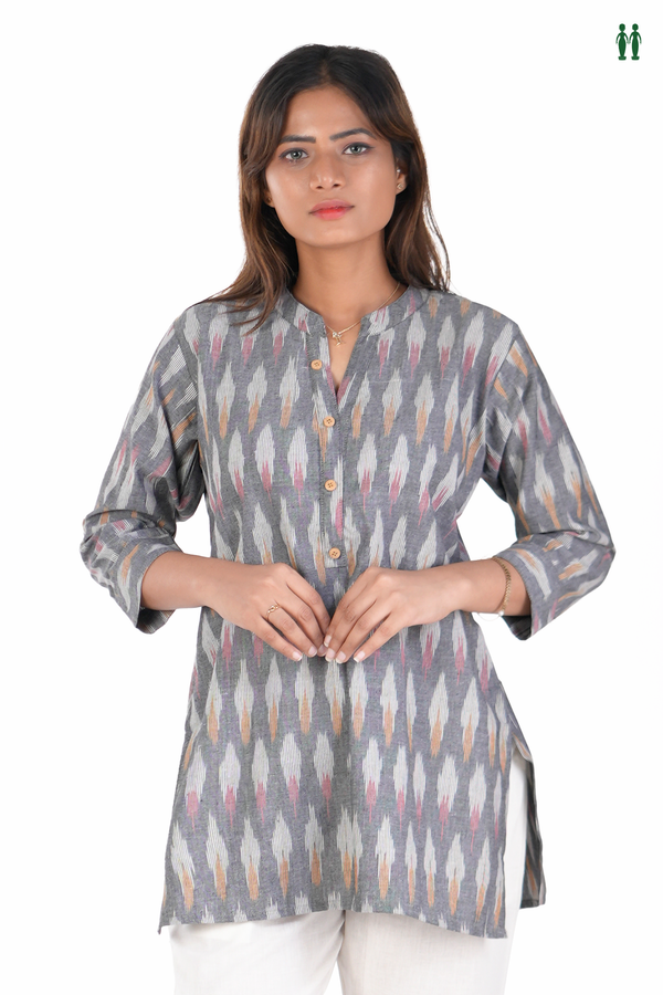 Chinese Neck Printed Design Grey Cotton Short Top