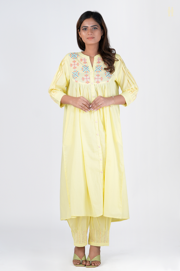 Chinese Neck Threadwork Design Lemon Yellow Cotton Salwar Set