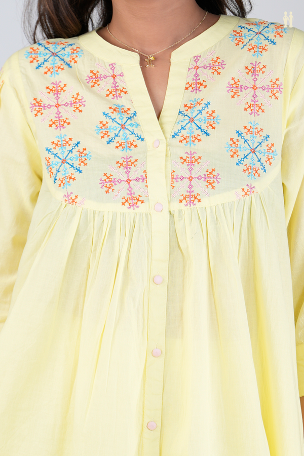 Chinese Neck Threadwork Design Lemon Yellow Cotton Salwar Set