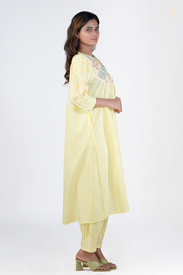 Chinese Neck Threadwork Design Lemon Yellow Cotton Salwar Set