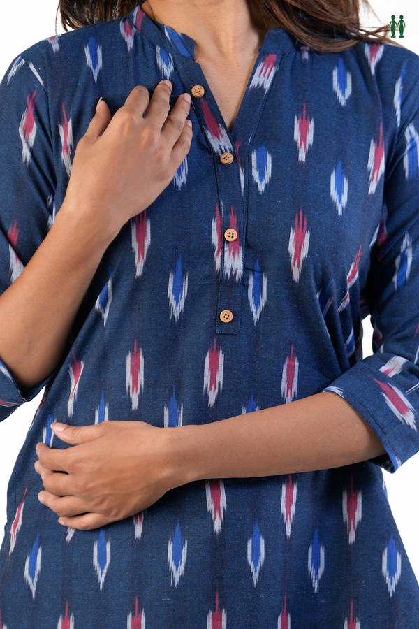 Chinese Neck Printed Design Navy Blue Cotton Short Top