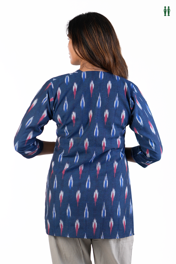 Chinese Neck Printed Design Navy Blue Cotton Short Top