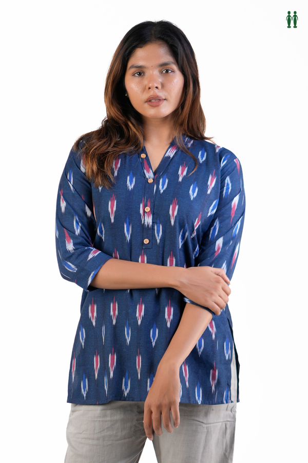 Chinese Neck Printed Design Navy Blue Cotton Short Top