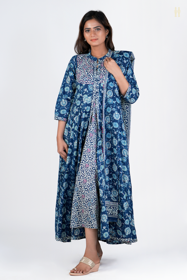 Chinese Neck Printed Design Oxford Blue Cotton Long Kurta