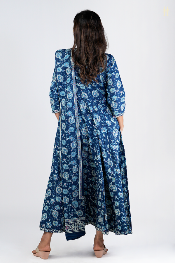 Chinese Neck Printed Design Oxford Blue Cotton Long Kurta