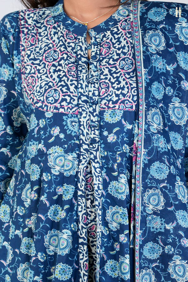 Chinese Neck Printed Design Oxford Blue Cotton Long Kurta