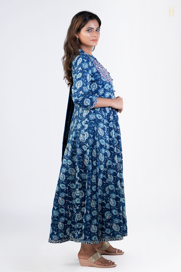 Chinese Neck Printed Design Oxford Blue Cotton Long Kurta