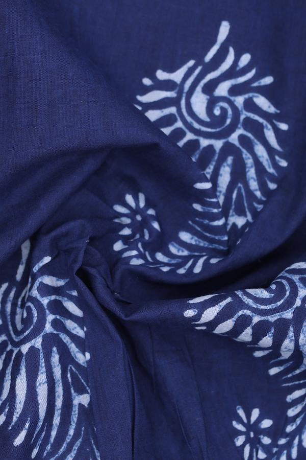 Chinese Neck Printed Design Oxford Blue Cotton Short Top