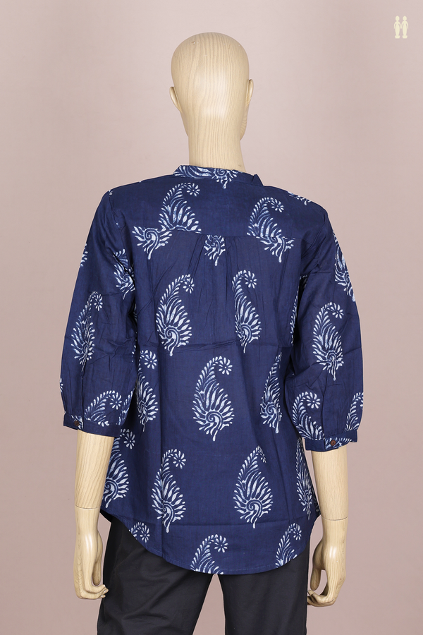 Chinese Neck Printed Design Oxford Blue Cotton Short Top