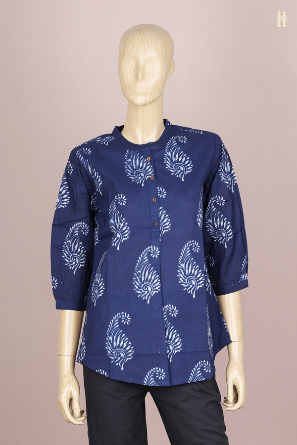 Chinese Neck Printed Design Oxford Blue Cotton Short Top