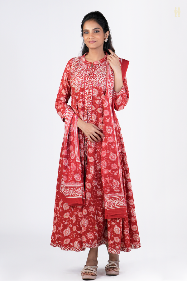 Chinese Neck Printed Design Red Cotton Long Kurta